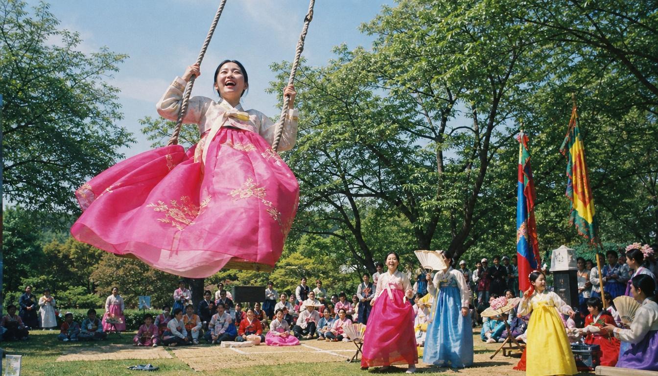 한국 단오의 창포물과 그네뛰기, 세계 봄 축제의 물과 불, 색과 놀이가 계절 변화와 공동체 의미를 보여 주는 모습을 표현한 이미지